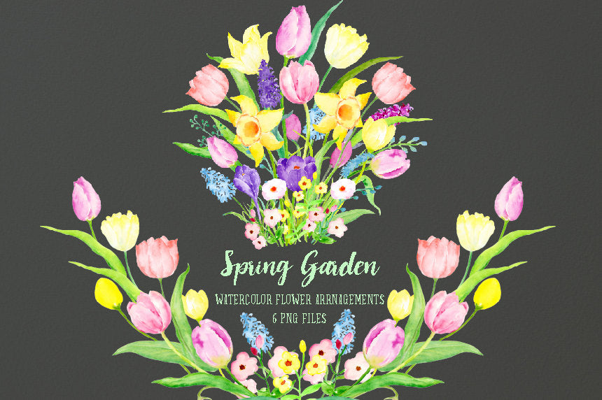 watercolour spring garden floral compositions, pink tulip, yellow tulip, floral arrangement 