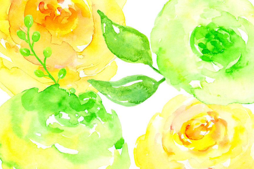 watercolor flower, spring flower, yellow flower, green flower, fresh flower, instant download 
