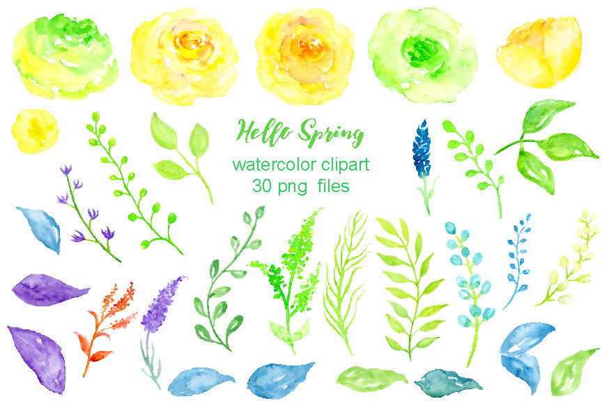 spring flower elements, greeting cards, watercolor illustration, corner croft design