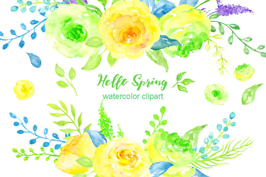 watercolour clipart hello spring, green rose, yellow rose, instant download 