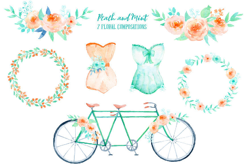 peach flowers, mint flowers, decorative leaves, mint camera, corsets, tandem bicycle