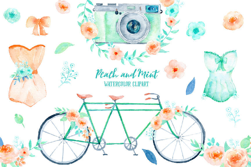 Wedding clipart, peach and mint, peach flowers, mint flowers, decorative leaves, mint camera, corsets, tandem bicycle