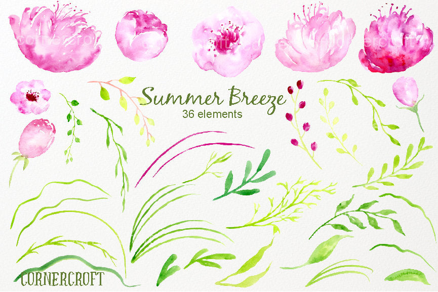 watercolor ping peony, weeping branch, grass, instant download 