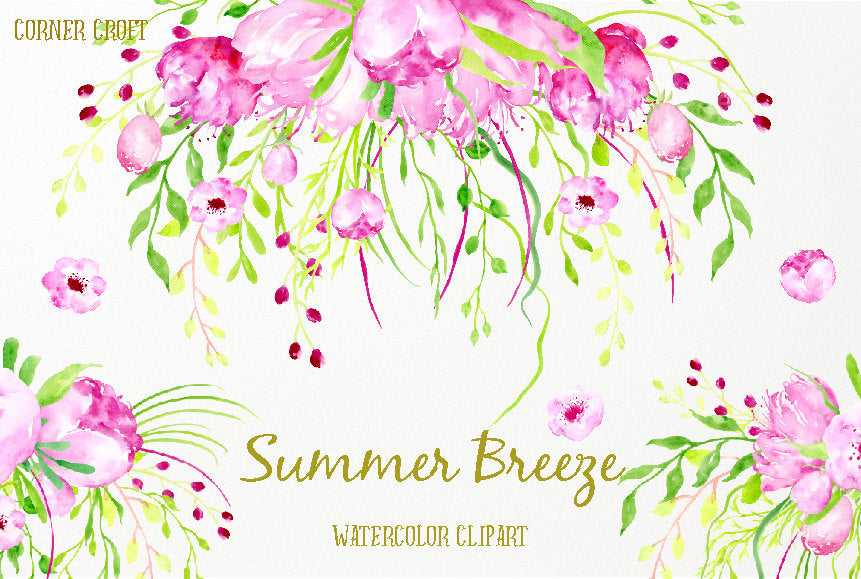 watercolor clipart summer breeze, pink and purple weeping flowers, corner croft design 