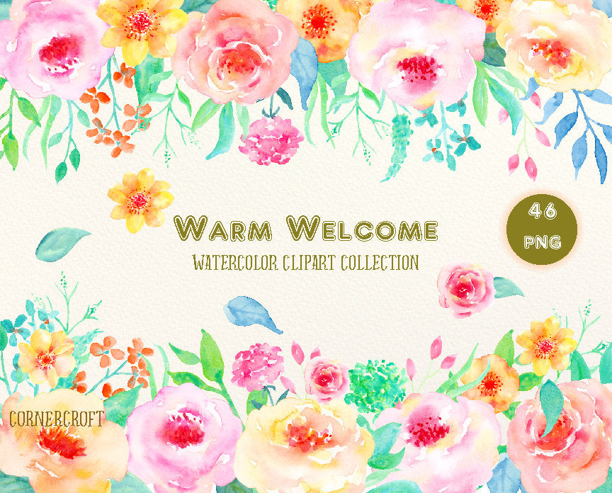 watercolour clipart warm welcome, pink flower, peach flower, mint leaf, posy, wreath. 