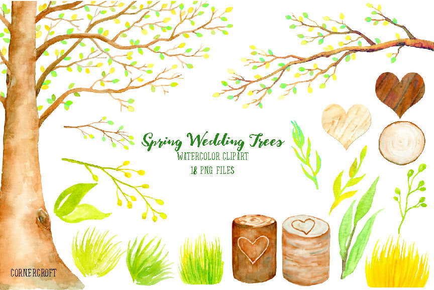 watercolor spring tree and tree stump, heart, wedding clipart