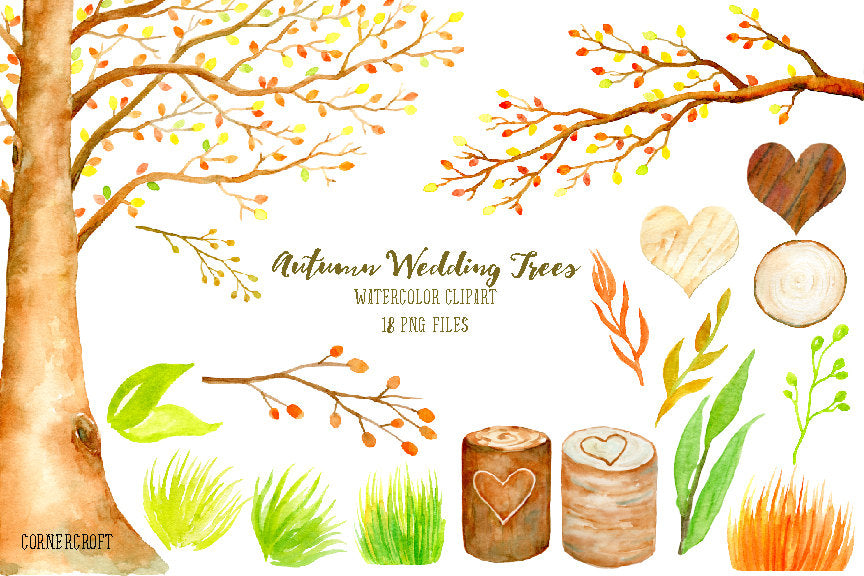 Wedding clipart - watercolor autumn beech tree, beech tree in fall color