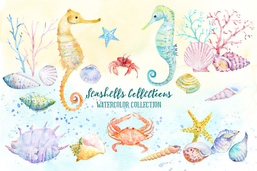 watercolor clipart, watercolor seashells, crabs, star fish, seahorse, coral, pebbles