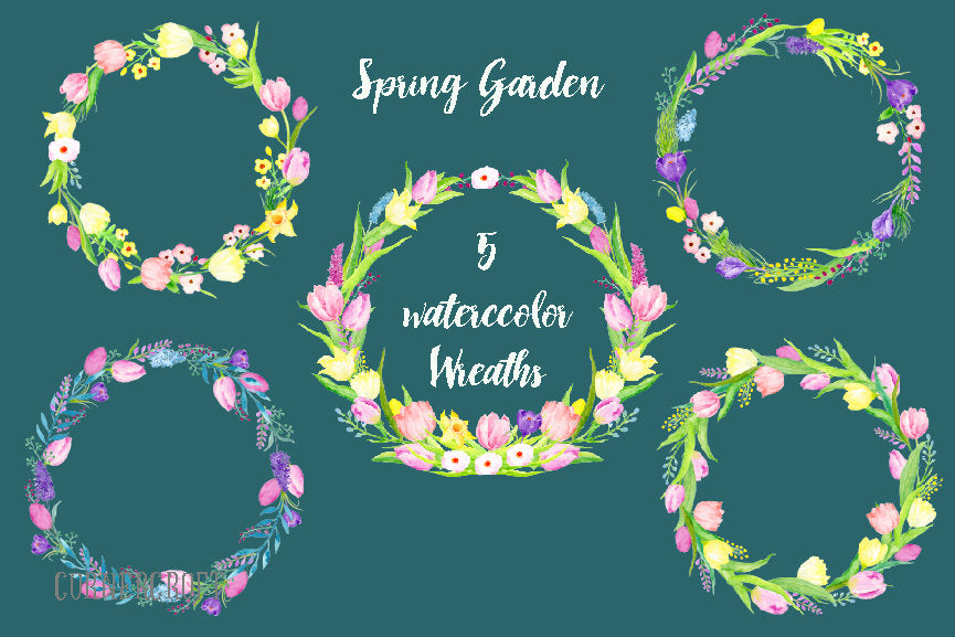 watercolor spring garden, floral wreath, floral wreaths, tulip wreath, instant download 