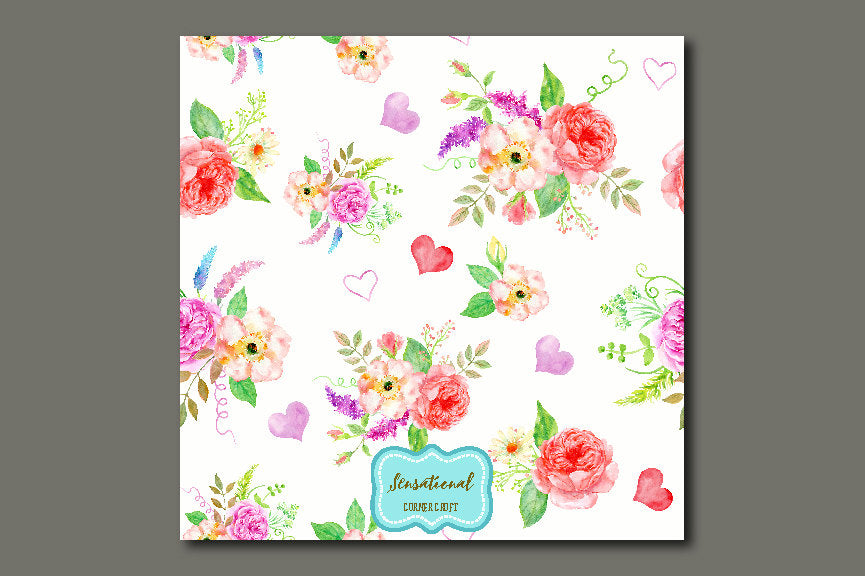 watercolor digital paper sensational, rose pattern, repeat pattern, corner croft design.