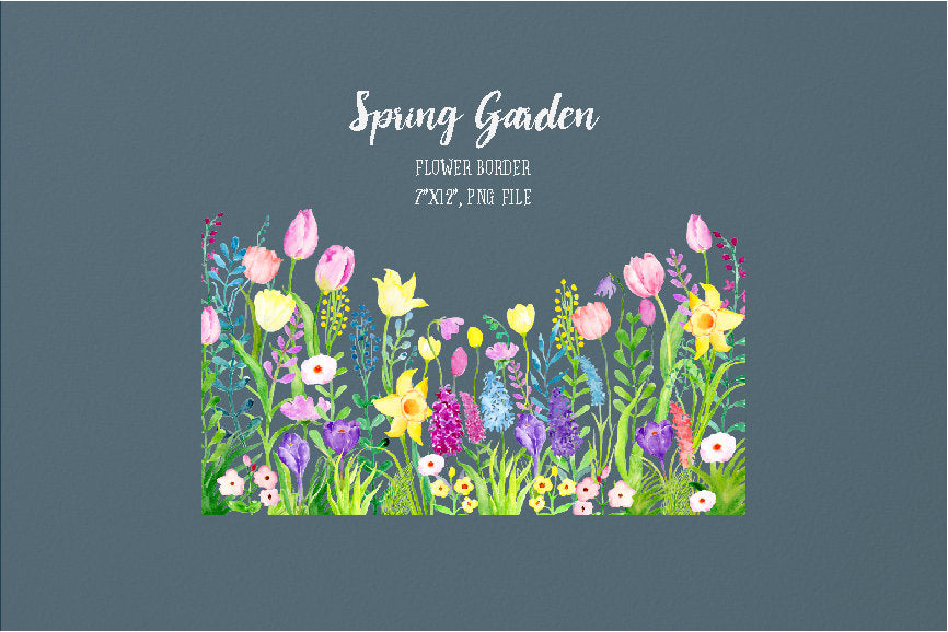 watercolor spring garden, floral border, spring border, corner croft design.