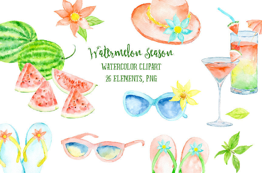 This is watermelon themed summery fashion clipart including watermelons, watermelon slices, sunglasses, flip flops, hat, cocktail and glass of watermelon juice and decorative flowers and leaves for instant download. They are perfect for wedding invitations, party invitations, greeting cards, web and blog elements, labels and other art projects.