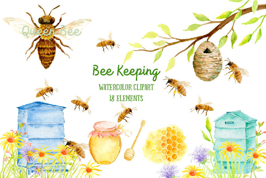 bee clipart, bee clip art, bee, bees, bee hive, honey bee, honeycomb, watercolor bee keeping