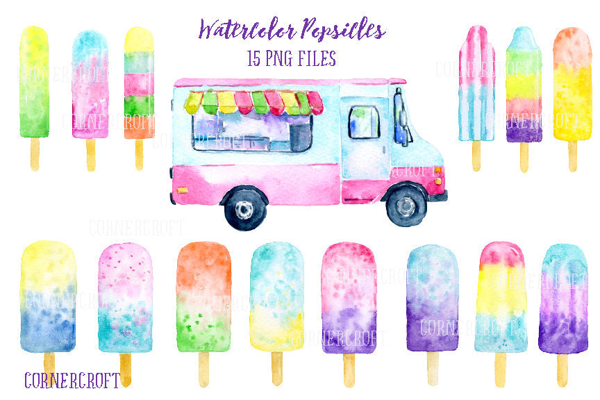 watercolor popsicles, popsicle van, ice lollies, ice cream van, ice cream clipart for instant download 