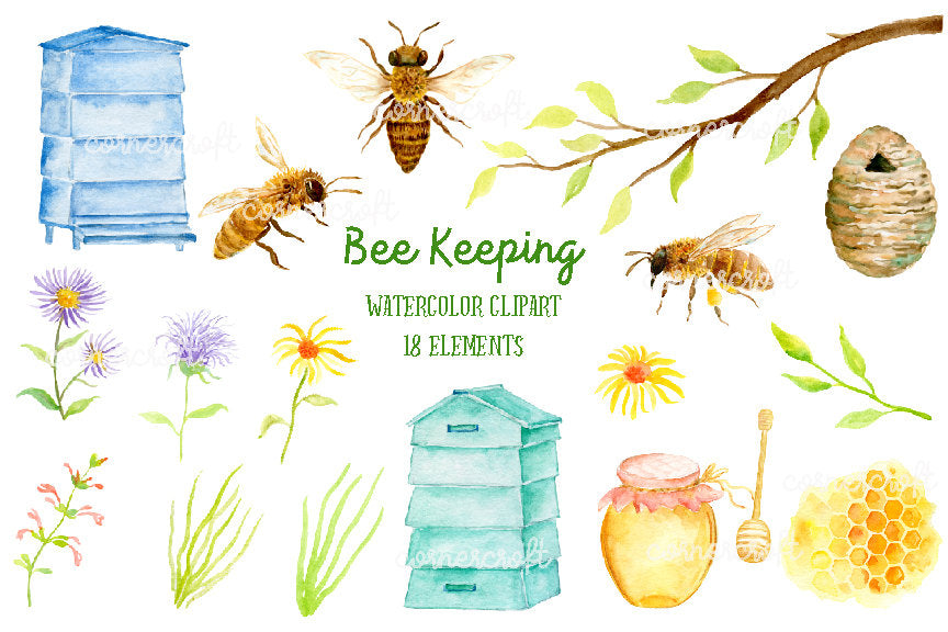 Hand painted watercolor collection bee keeping, bees, hives, art prints and greeting cards