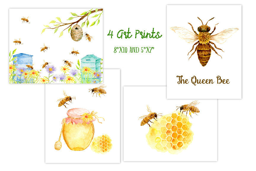 Hand painted watercolor collection bee keeping, bees, hives, art prints and greeting cards