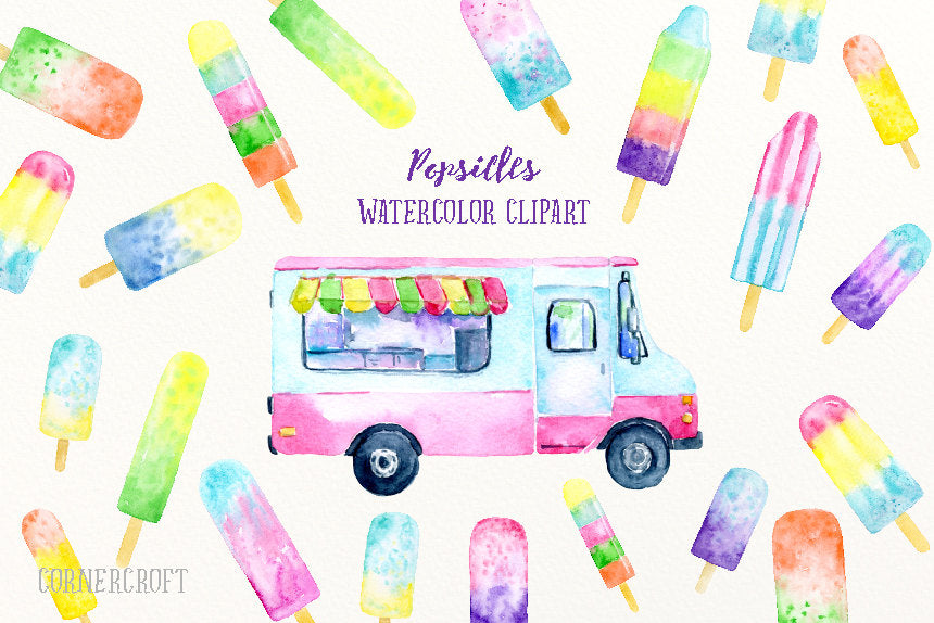 Food clipart, watercolor popsicles, popsicle van, ice lollies, ice cream van, ice cream clipart for instant download 