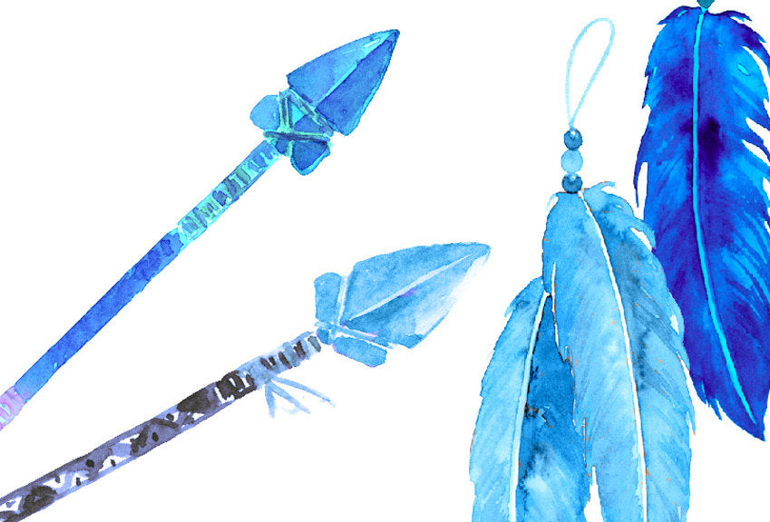 watercolor clipart indigo arrows and feathers, boho clipart, blue feathers, blue arrows