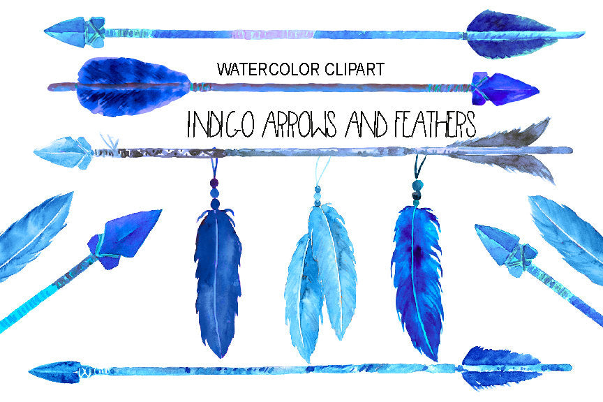 watercolor clipart indigo arrows and feathers, boho clipart, blue feathers, blue arrows