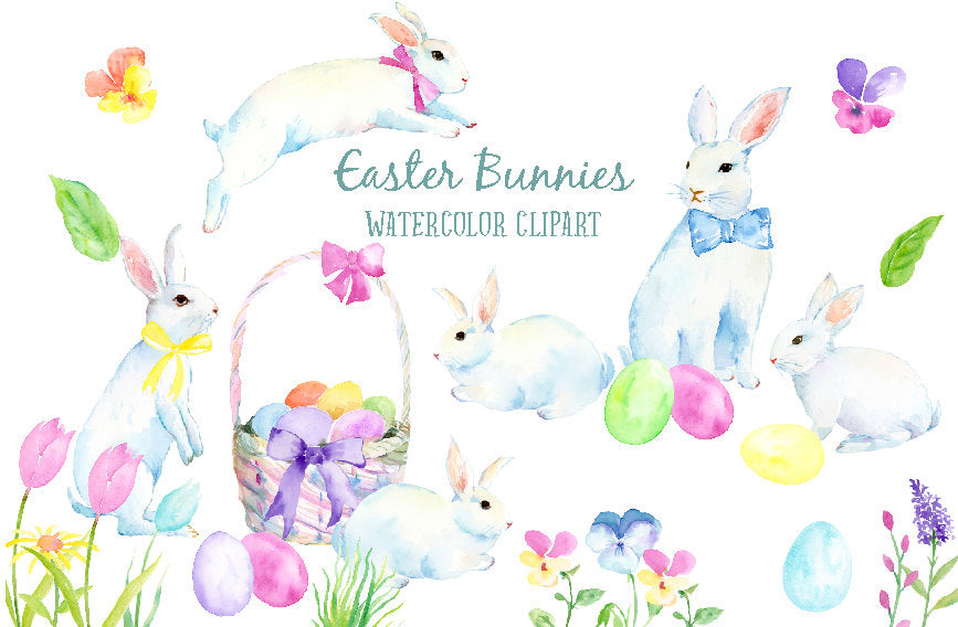 watercolor clipart white easter bunny, white rabbits and Easter eggs. Easter clipart
