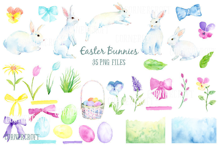 watercolor clipart white easter bunny, white rabbits and Easter eggs. Easter clipart