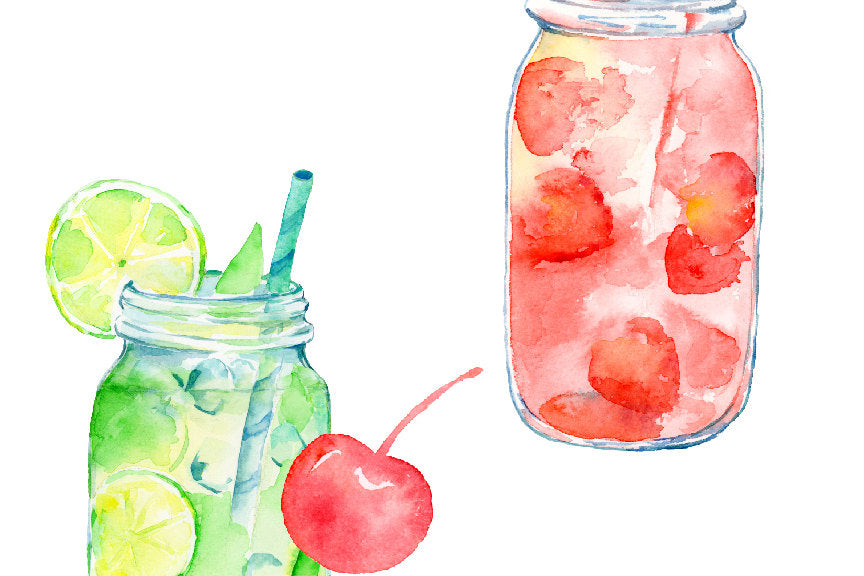watercolor mason jar drink, summer drink, pink, green, yellow, drink illustration 