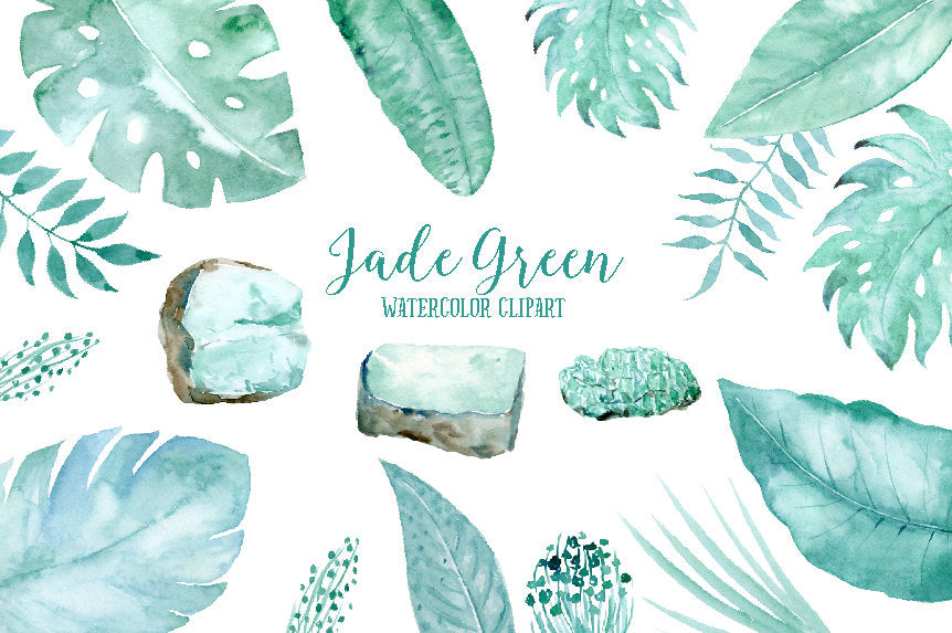 watercolor tropic leaf clipart, jade green stone, leaf, tropical foliage illustration 