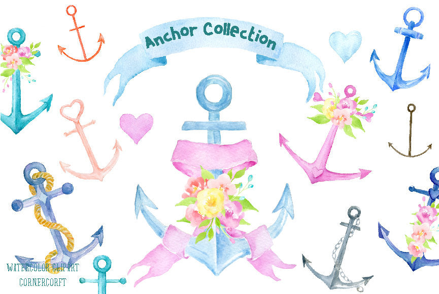 Watercolor clipart anchor collection, pastel cold anchors, wedding anchors.