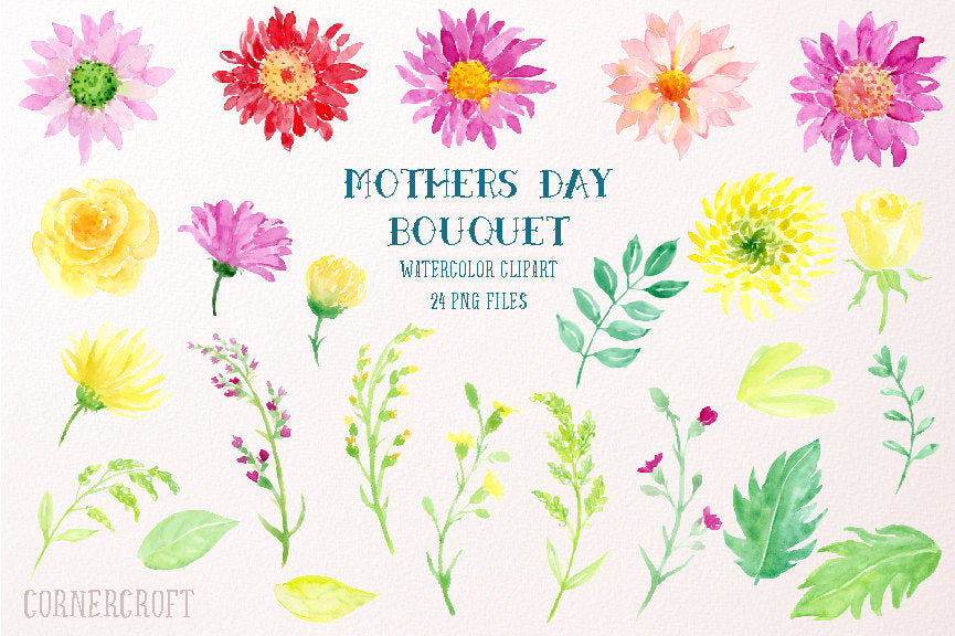 watercolor elements of Mother's Day bouquet, watercolor illustration, corner croft design 