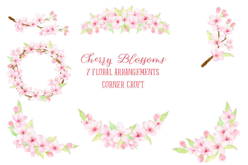 Floral arrangements and wreath of watercolor cherry blossoms