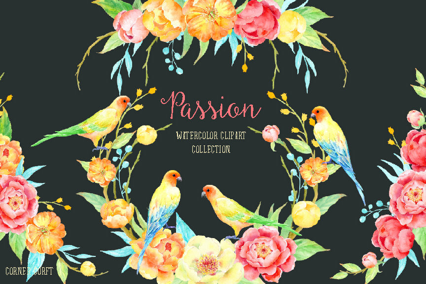 Watercolor collection Passion, orange and yellow peony, love birds, wedding invitations 