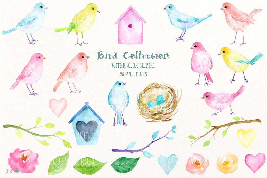watercolor clipart, bird, pastel bird, bird clipart, birds, valentine birds, valentine clipart, eggs, heart
