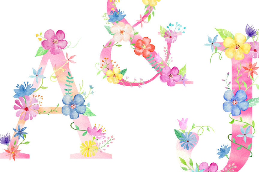 Watercolor Floral Alphabets Pink for instant download, Pink Floral Letters
