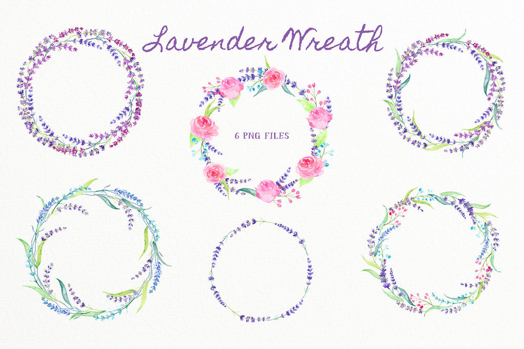 Lavender flowers, sprigs of lavender, pink roses, decorative elements, and ready made lavender wreaths and floral arrangements