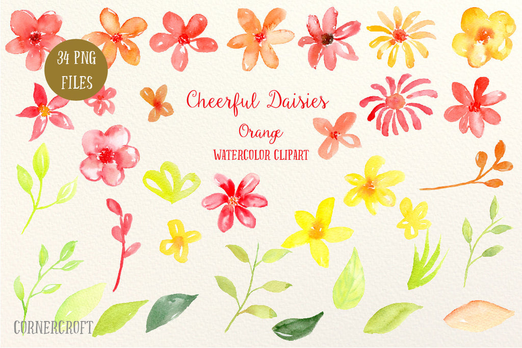 A collection of yellow, orange and red daisy flowers and decorative elements for instant download