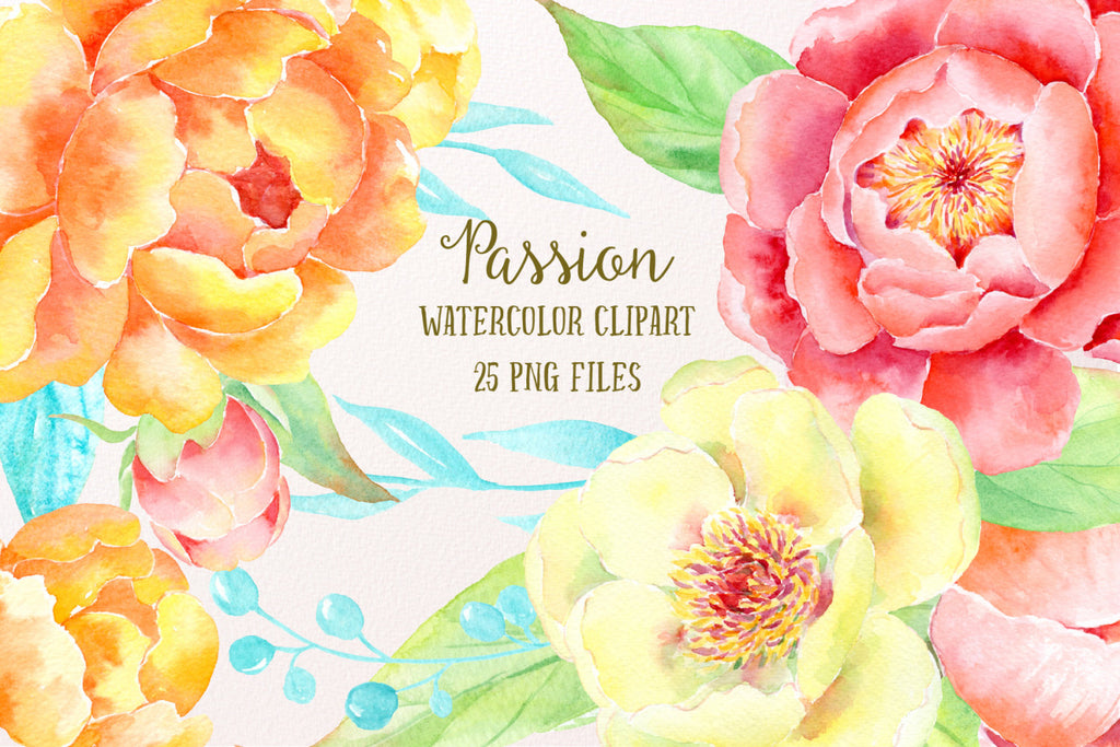 watercolor clipart passion, floral elements, yellow peony, orange peony