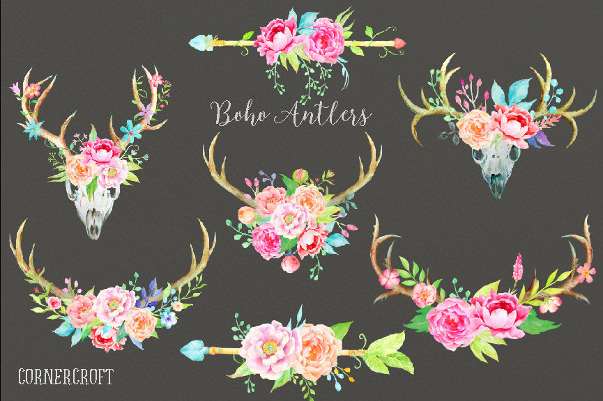 floral boho antlers and arrows decorated with peach and pink peonies and floral elements