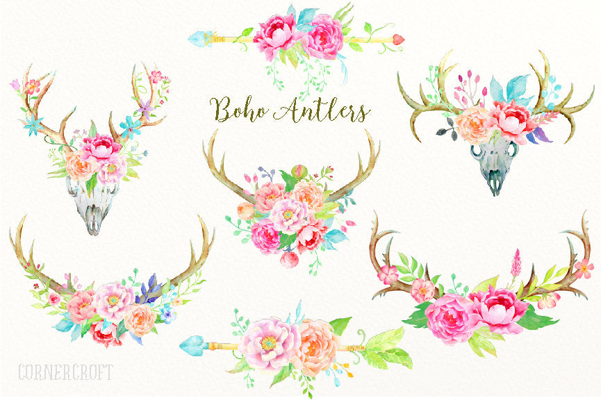 watercolor floral boho antlers and arrows decorated with peach and pink peonies and floral elements