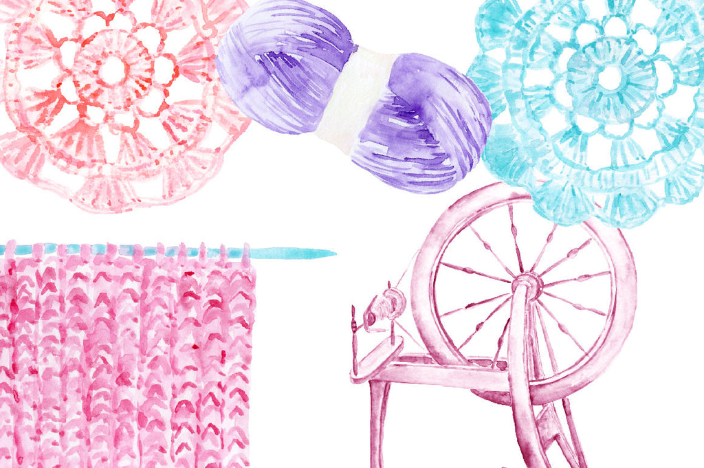 spindle wheel, knit ware, crochet pieces, crochet hooks, knitting needles, wool, yarn, thread, knitting work