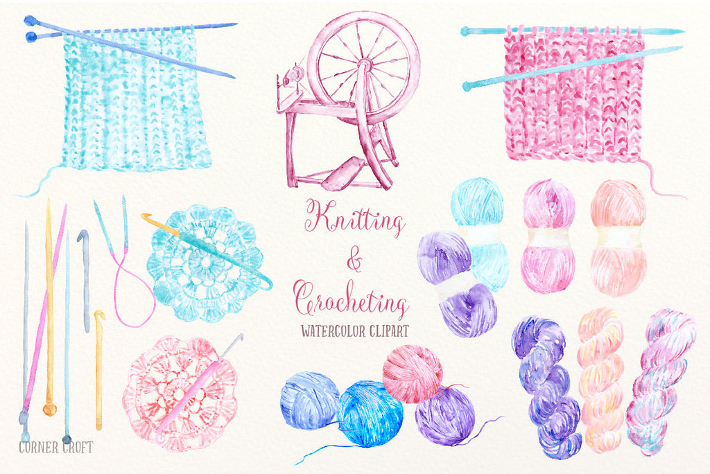 watercolor clipart spindle wheel, knit ware, crochet pieces, crochet hooks, knitting needles, wool, yarn, thread, knitting work