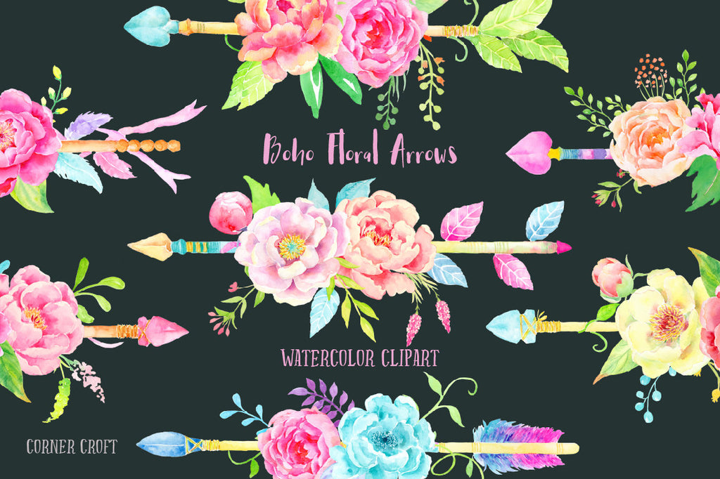 Waterclor boho floral arrow, peony arrow, wedding floral arrow, instant download, corner croft