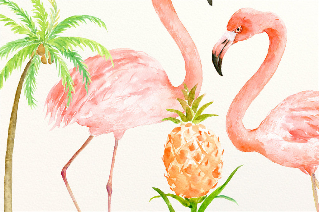 watercolor tropical birds, palm trees, pineapple plants, bird illustration 