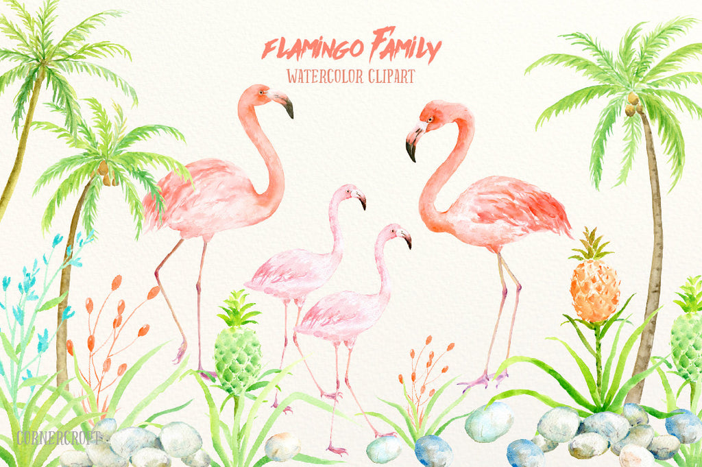 watercolor flamingo family, pink flamingo, instant download 