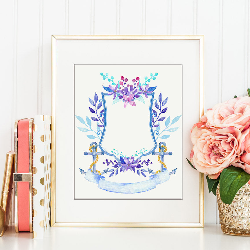 Watercolor Floral Anchor Crest for Instant Download, deep blue, wedding crest, family crest, crest printable
