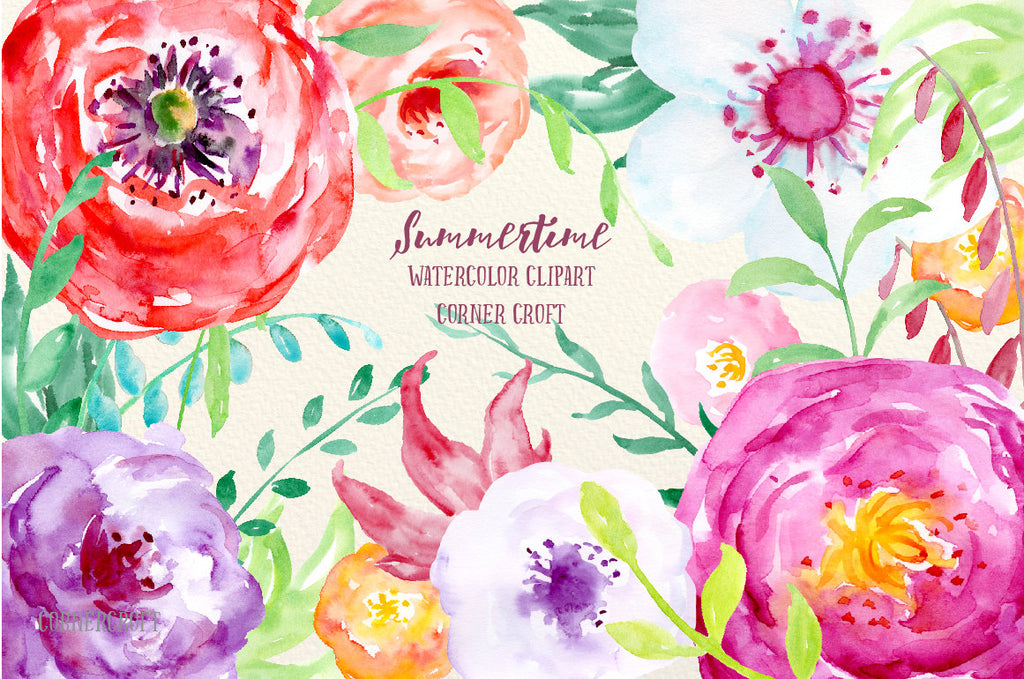 watercolor clipart summertime, bright red, pink and purple flowers
