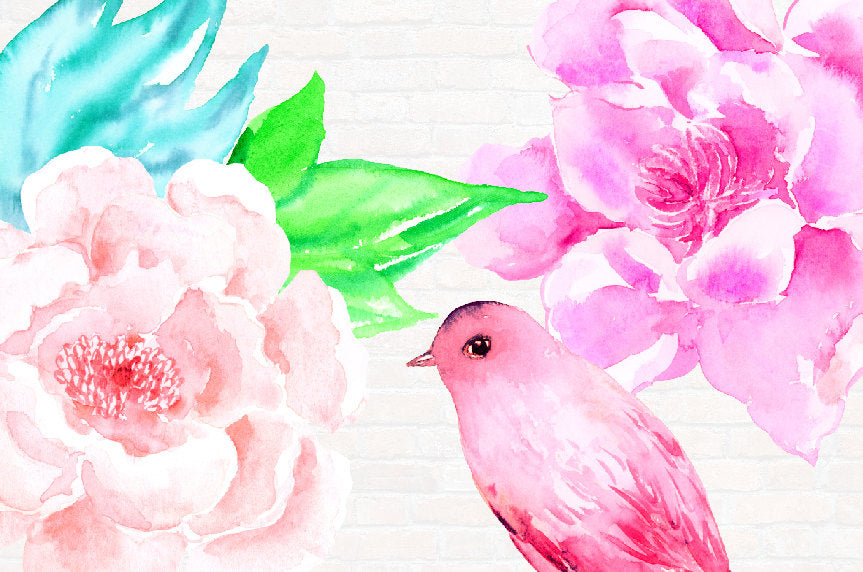 watercolour pink flowers, pink bird, wedding flowers, instant download 