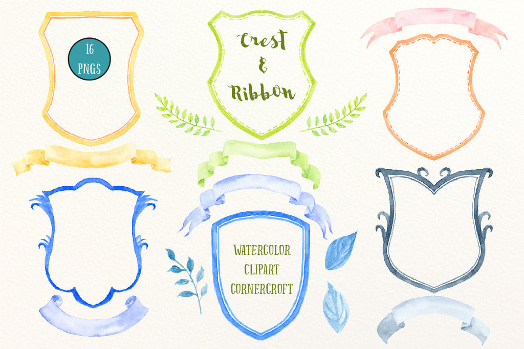 watercolor crest frames, ribbons and leaves for instant download, diy wedding crest, family crest, branding 