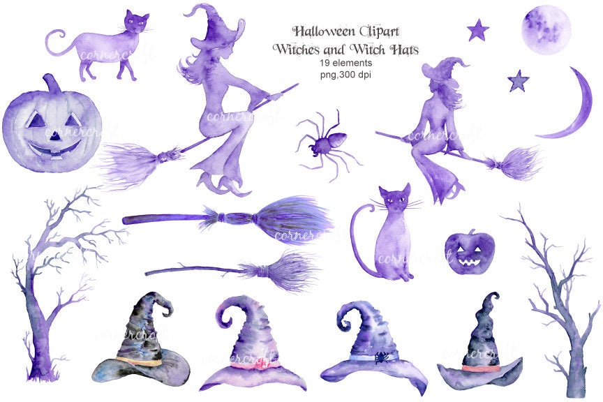 Halloween witches, black cats, pumpkins, spider, spooky trees, witch's brooms, moon and stars