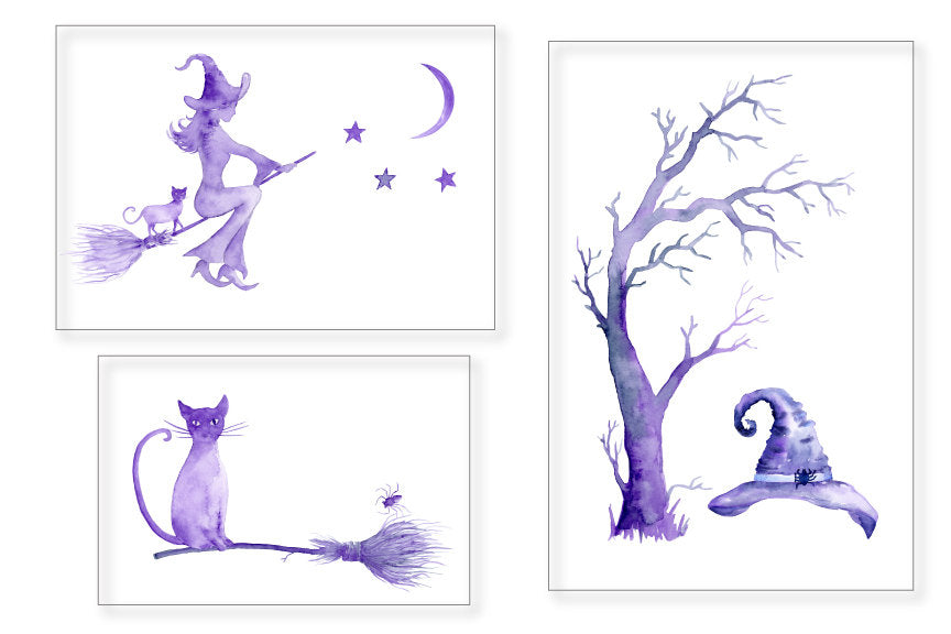 Halloween clipart, watercolor witches, witch hat, blue and purple 