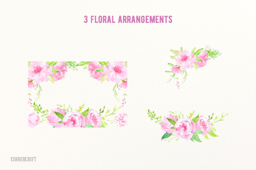 Hand painted watercolor pink peonies, pink flowers, decorative elements and flower posies for instant download. 